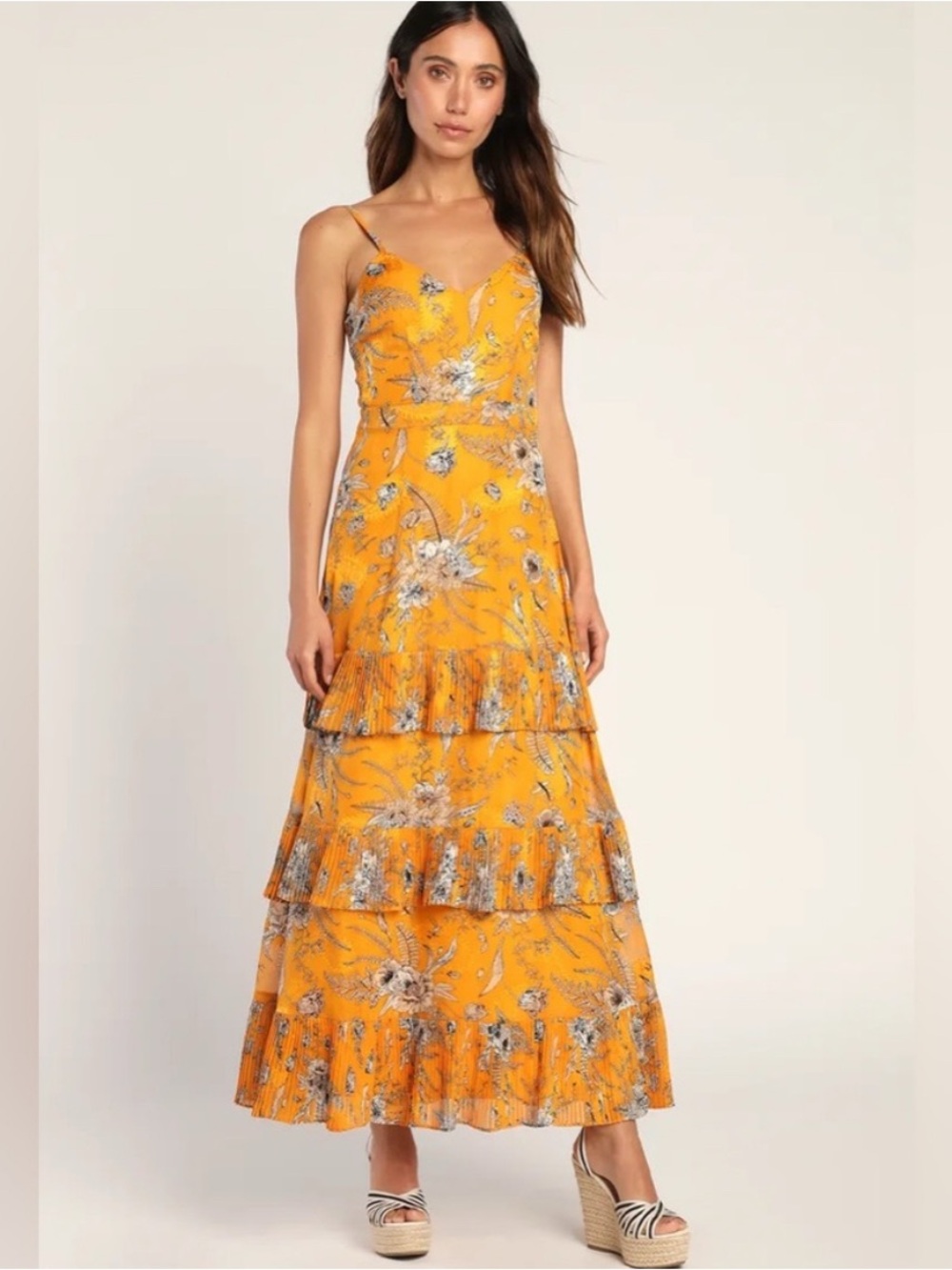 Lulus beaming babe golden floral tiered maxi dress
